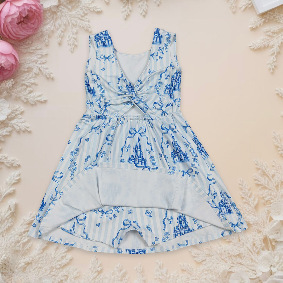 Baby Yoga Clothing - ชุดกระโปรงกีฬาโยคะสำหรับเด็กผู้หญิง ลายปราสาท พร้อมโบว์ สำหรับเด็กทารก เด็กวัยหัดเดิน แขนกุด