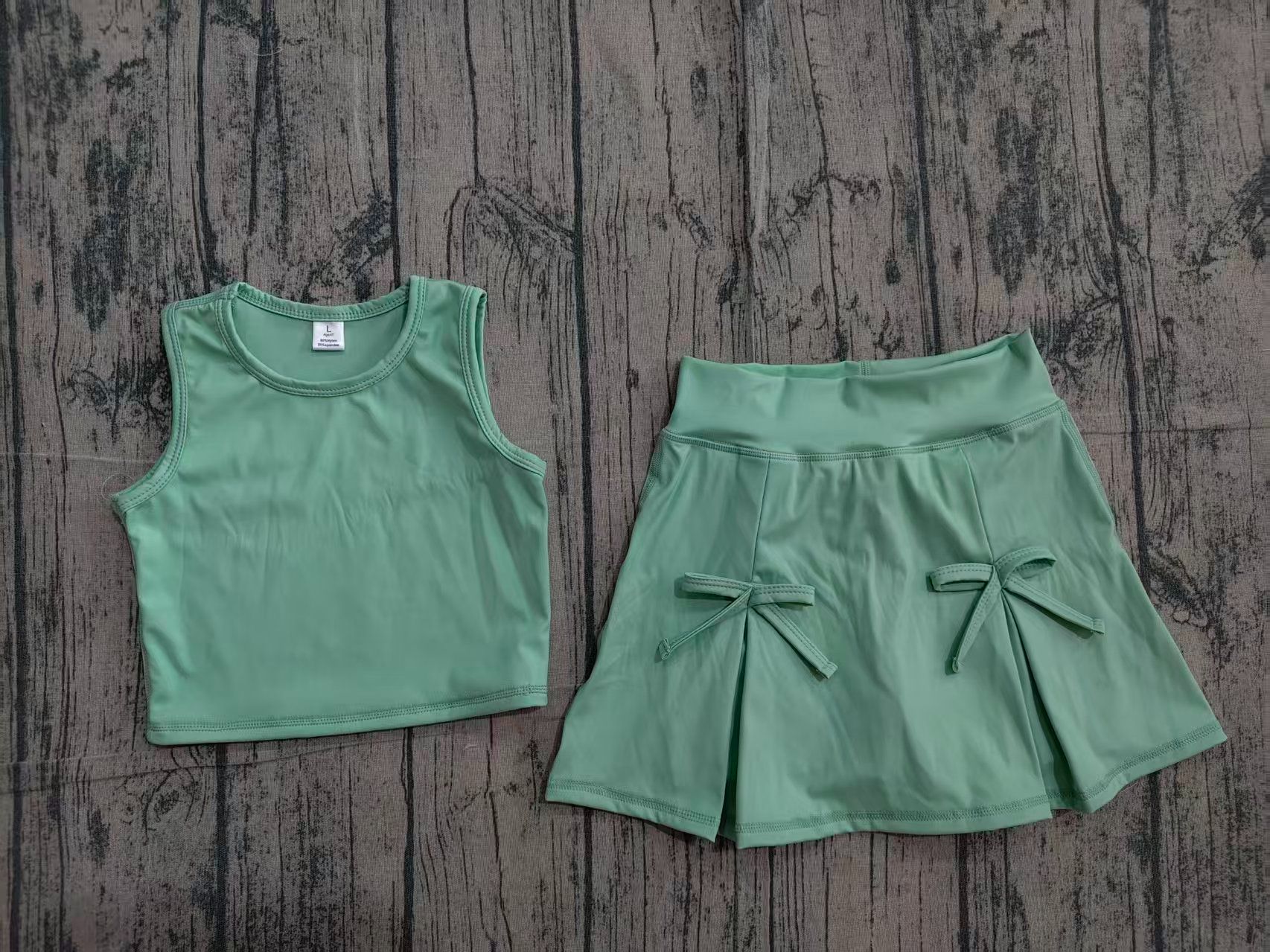 Baby Yoga Clothing - ชุดเสื้อผ้าเด็กผู้หญิงขายส่ง ชุดกระโปรงระบาย กางเกงขาสั้น สีเขียว ชุดกีฬา ชุดโยคะ