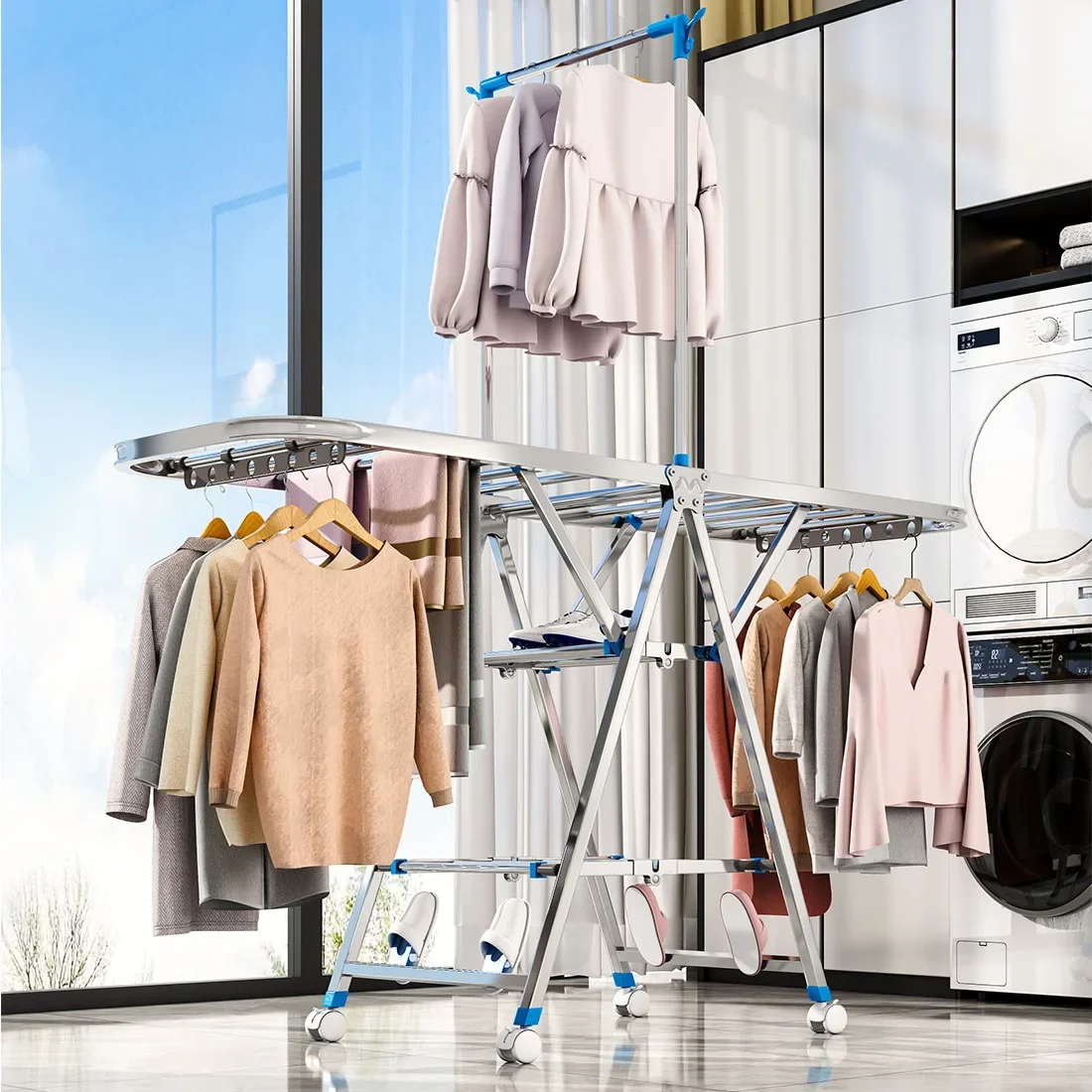 Baby Clothing Rack - สแตนเลสราวแขวนเสื้อผ้าพับชั้นในห้องนอนระเบียงปีกราวแขวนเสื้อผ้าในครัวเรือนเด็กเคลื่อนย้ายได้ราวแขวนผ้านวมอบแห้ง