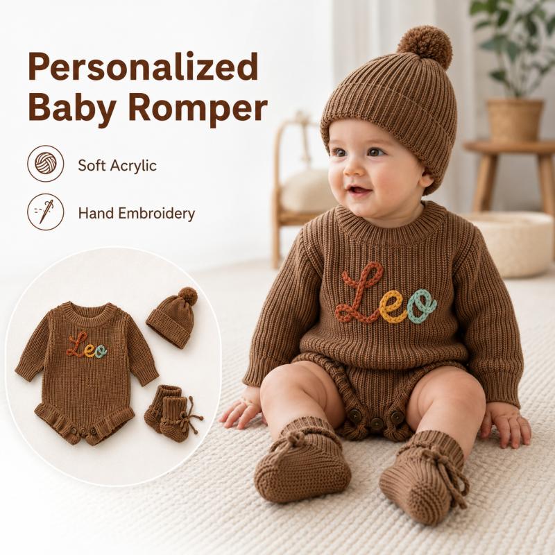 Baby Clothing Name - ชุดรอมเปอร์ถักสำหรับเด็กทารกแบบปรับแต่งได้ ปักชื่อตามสั่ง สีคาคี แขนยาว ให้ความอบอุ่น ชุดบอดี้สูทสำหรับเด็กแรกเกิด