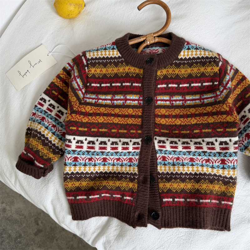 Knit Cardigan Infant - เสื้อกันหนาวเด็ก ฤดูใบไม้ร่วง 2026 ใหม่ เสื้อคาร์ดิแกนสีตัดต่อสำหรับเด็กชายและเด็กหญิง เสื้อโค้ทถักสไตล์เรโทรสำหรับเด็กทารก