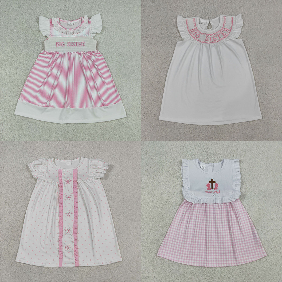 Baby Clothing Wholesale - ชุดเดรสเด็กผู้หญิงแฟชั่นน่ารัก สไตล์สม็อค แขนระบาย ลายทางสีชมพู ความยาวระดับเข่า สำหรับพี่สาว
