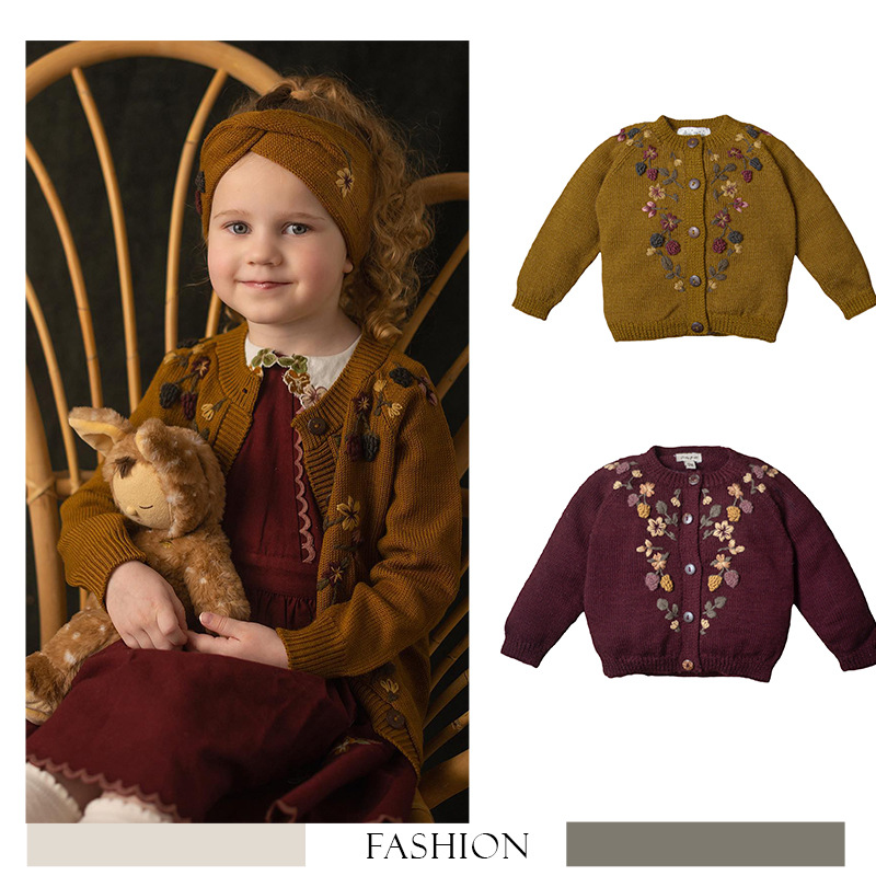 Knit Cardigan Infant - เสื้อคาร์ดิแกนถักนิตติ้งเด็กผู้หญิง2024สวมทับเสื้อสเวตเตอร์ถักแบล็กเบอร์รี่ปักฤดูใบไม้ร่วงฤดูหนาว
